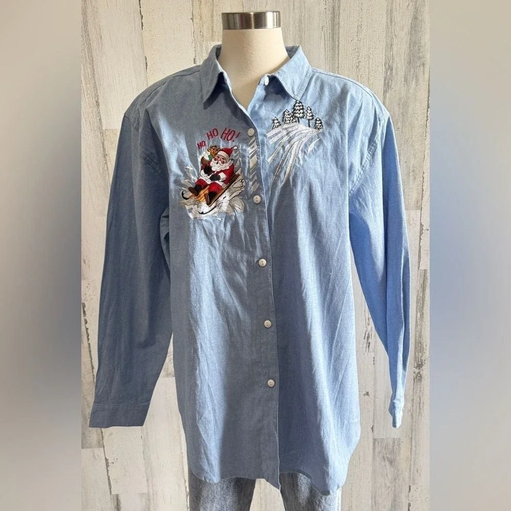 Vintage Santa Button-Up Shirt 18W HO‎ HO HO on shoulder Christmas